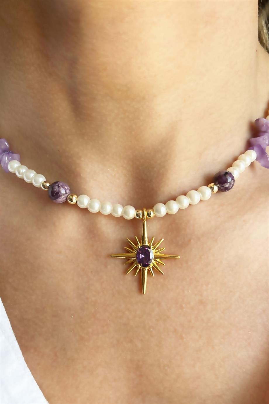 Natural Agate and Broken Stone Polar Star Detail Pearl Necklace