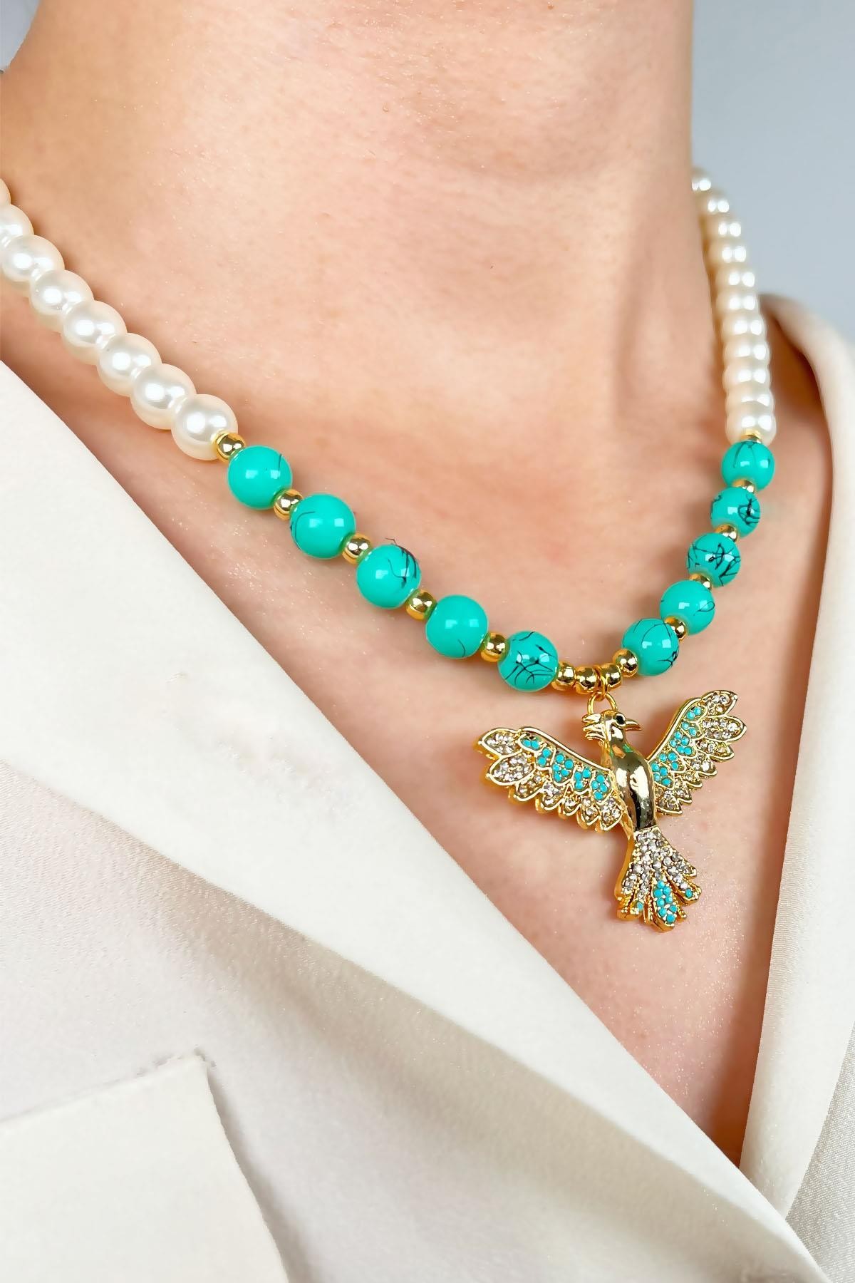 Phoenix Bird End Pearl and Bead Necklace - Turquoise