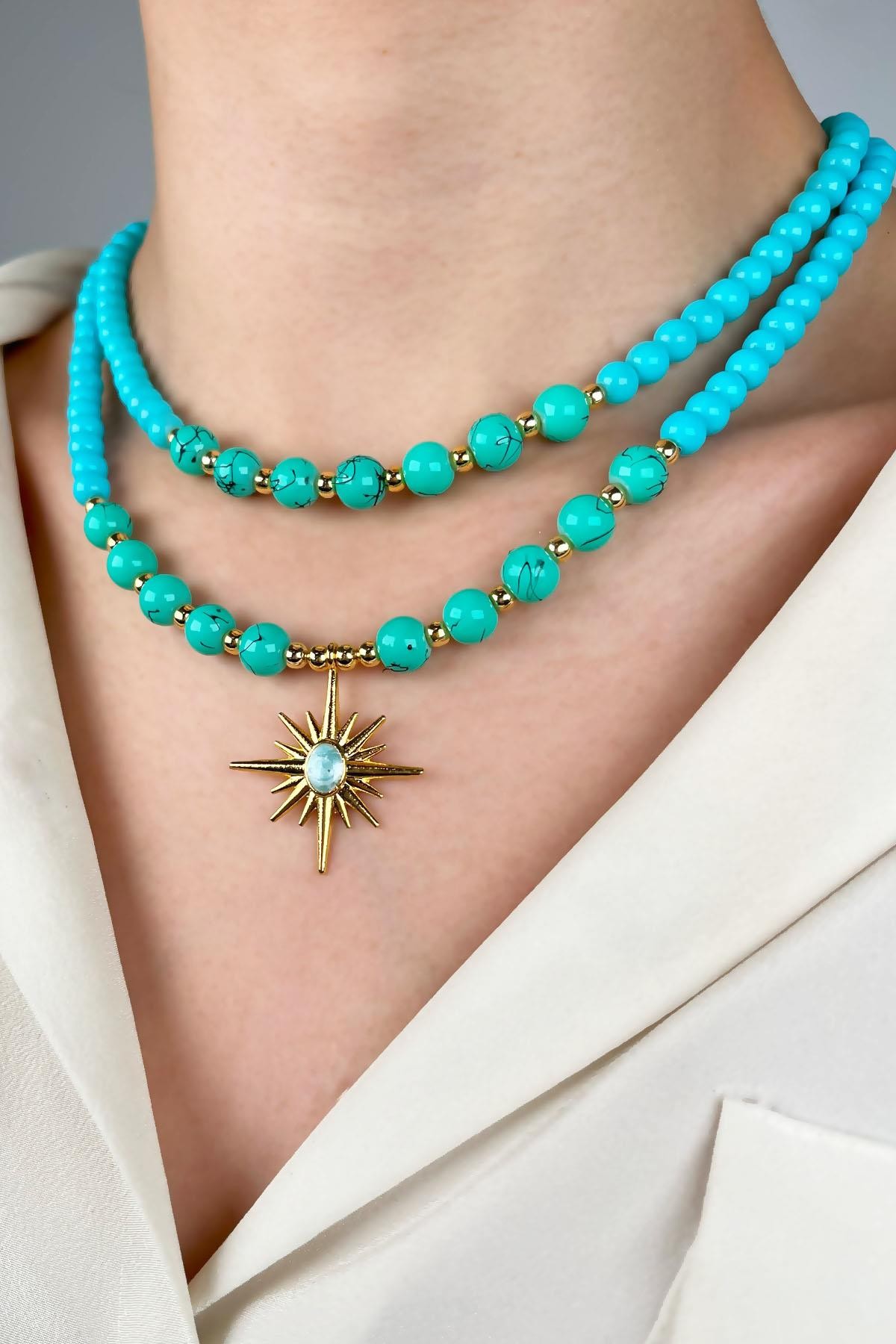 Northern Star Winged Double Row Pearl Necklace - Turquoise