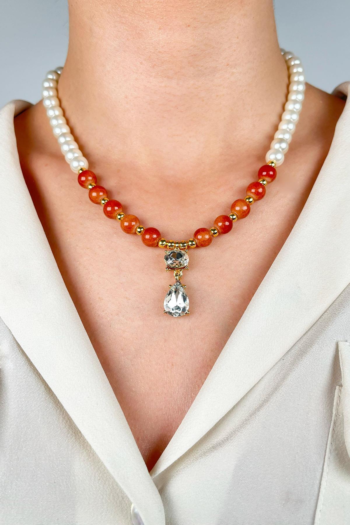 Crystal Stone Winged Pearl and Bead Necklace - Orange