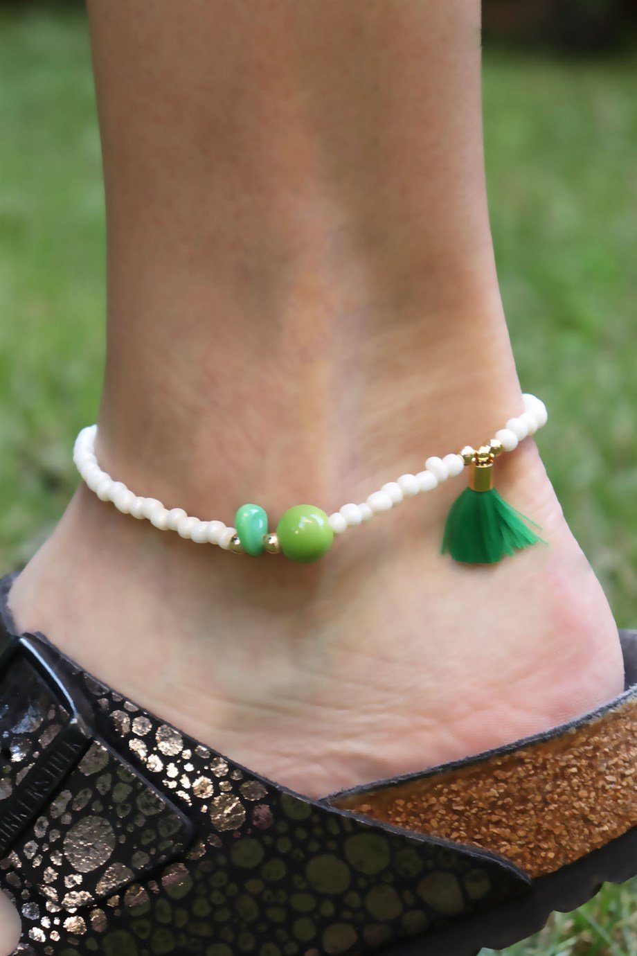 Green Tassel Detailed Bead Anklet