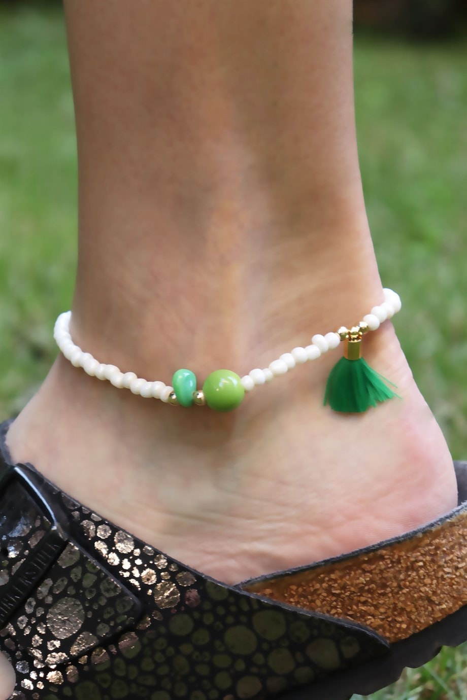 Green Tassel Detailed Bead Anklet