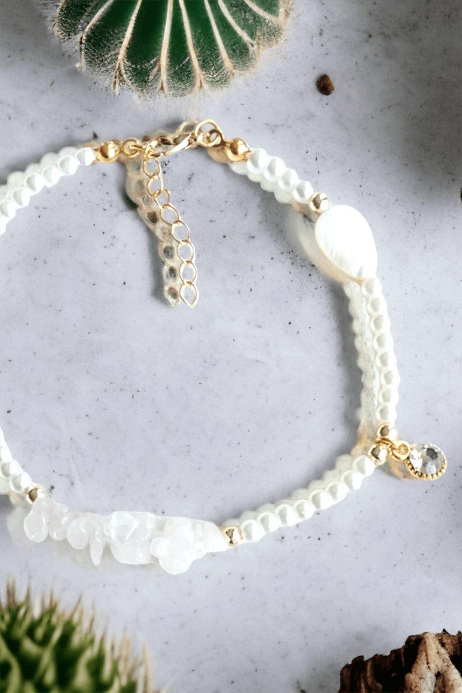 Glass Ended White Natural Broken Stone Anklet