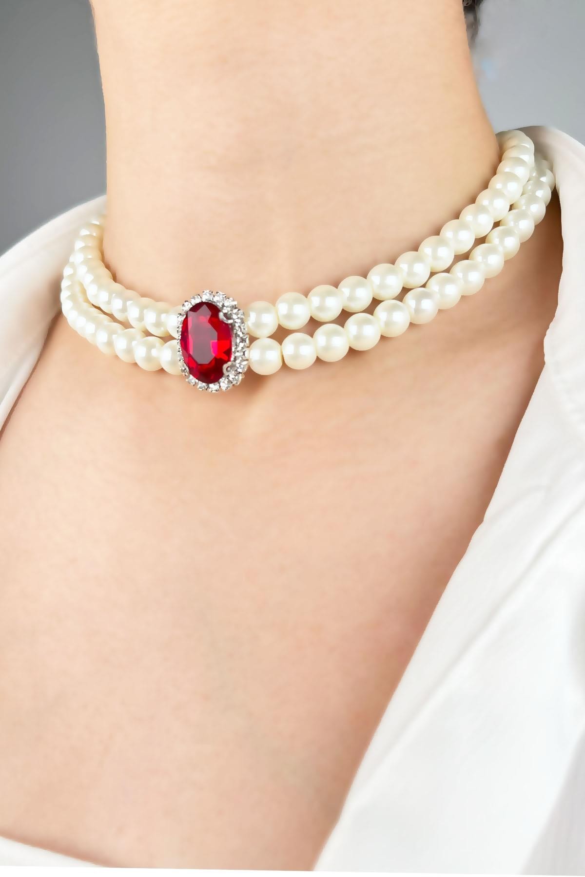 Kristal Uçlu İnci Choker Kolye  - Kırmızı