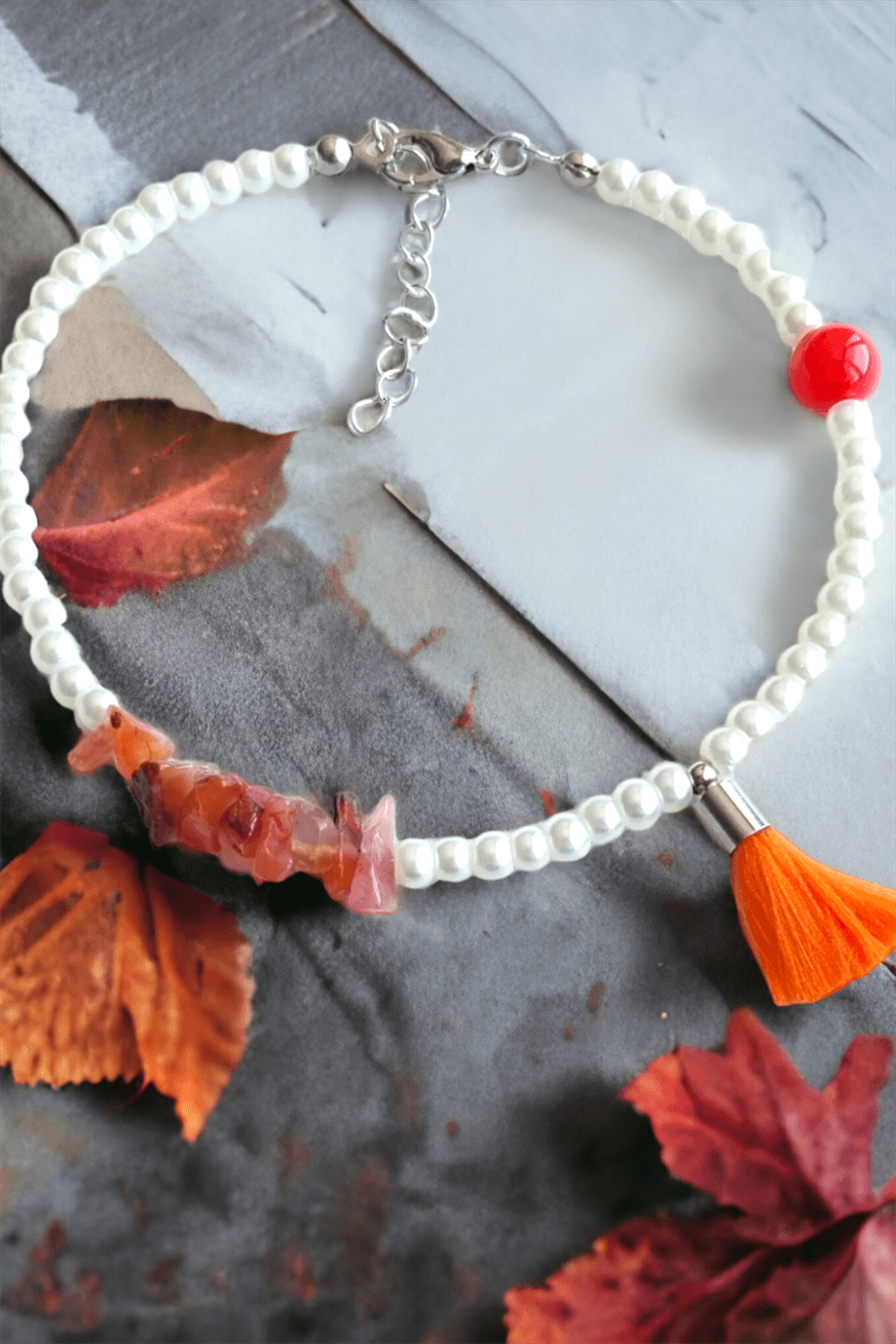 Orange Tassel Detailed Natural Broken Stone Anklet