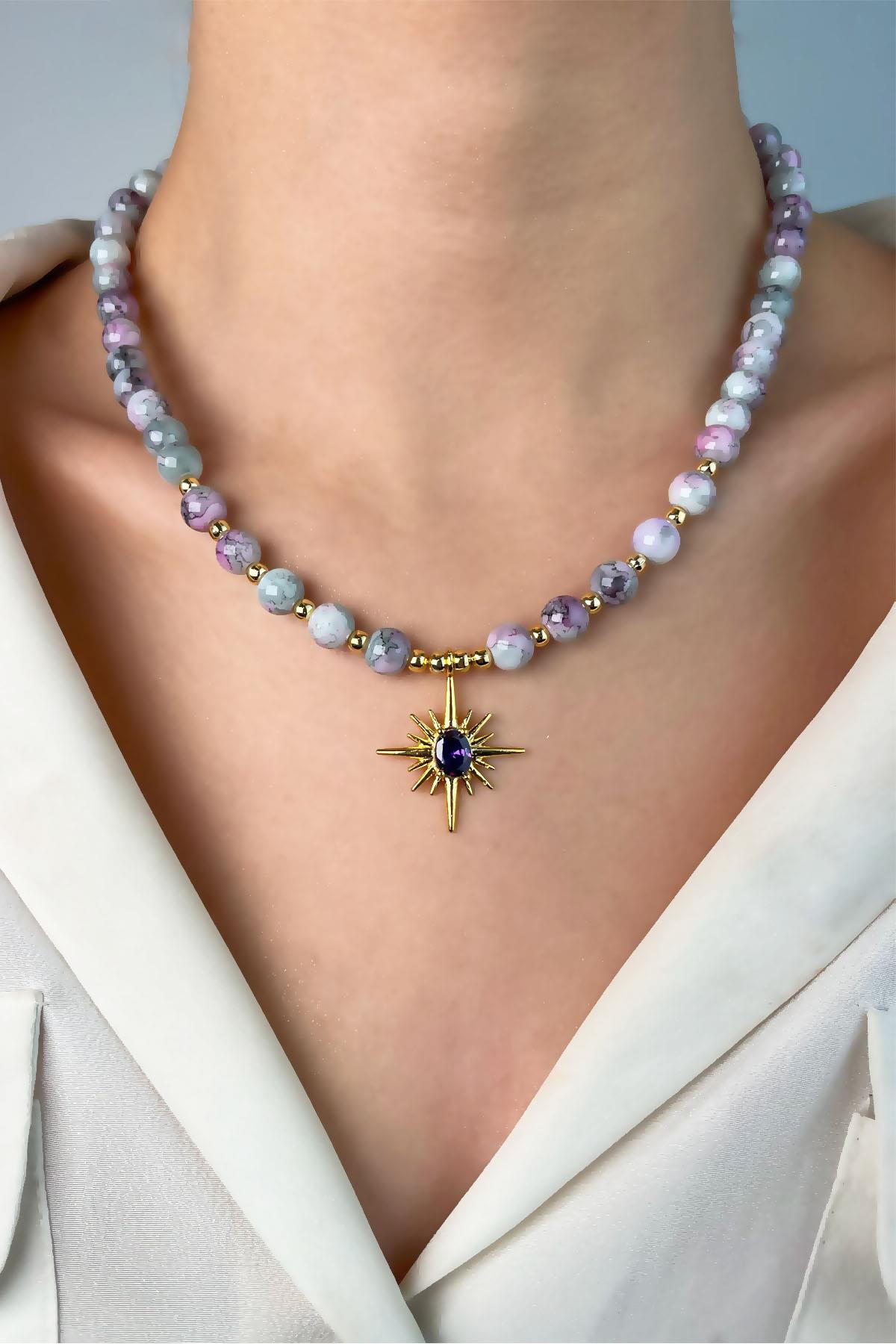 Kutup Yıldızı Uçlu Dorikalı Boncuk Kolye - Mor