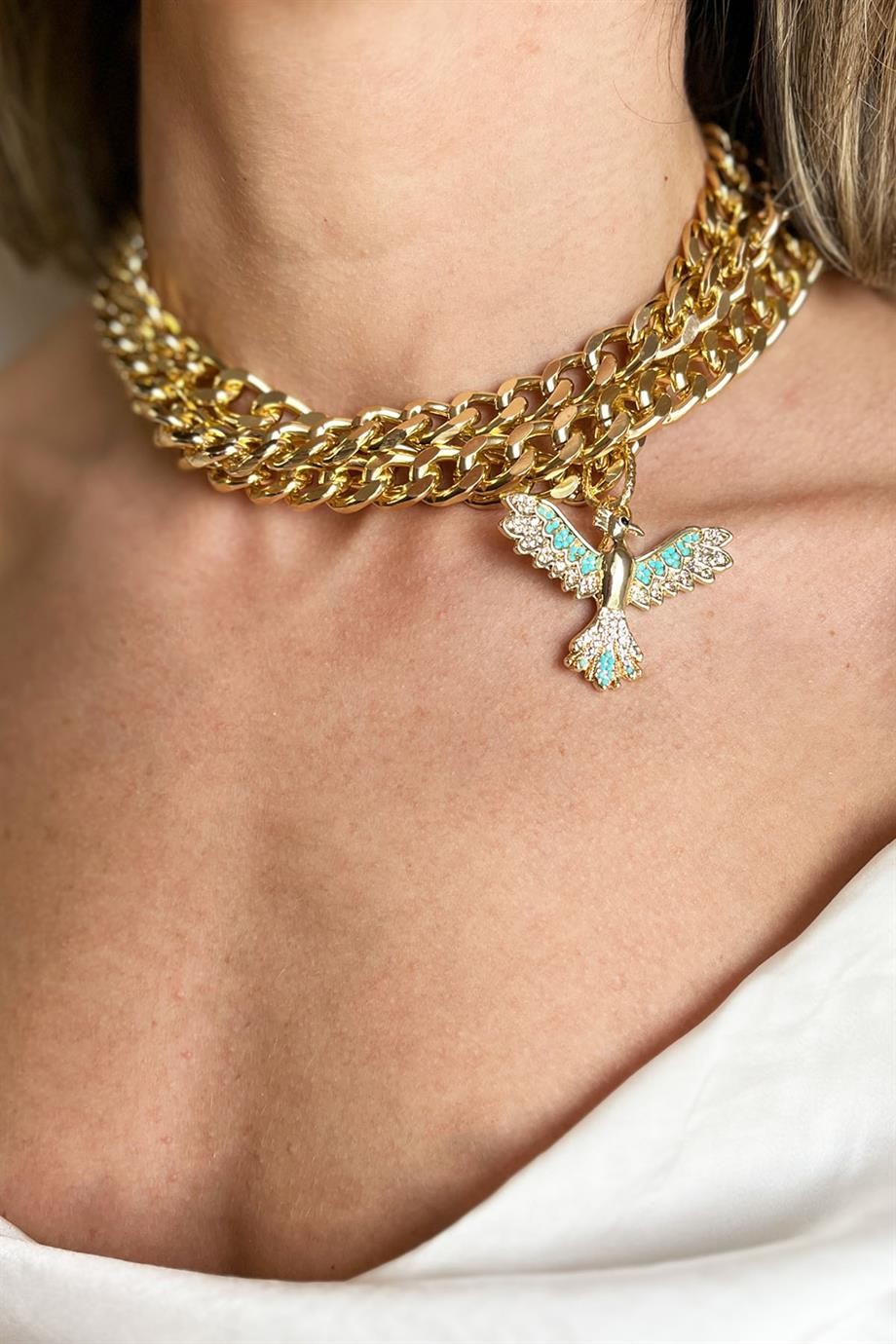 Turkuaz Anka Detaylı Choker Kolye