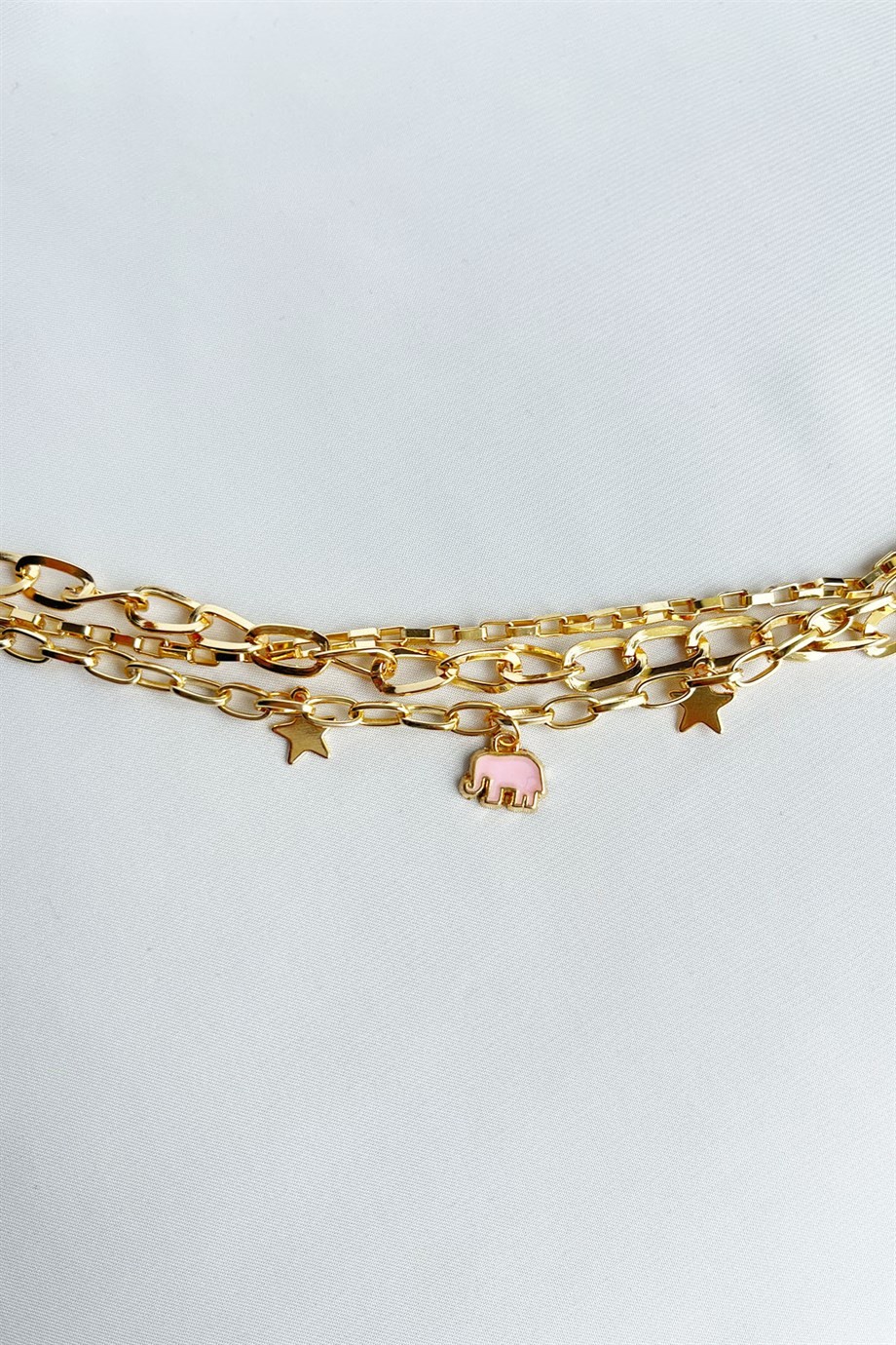 Pink Elephant Detail Triple Gold Bracelet