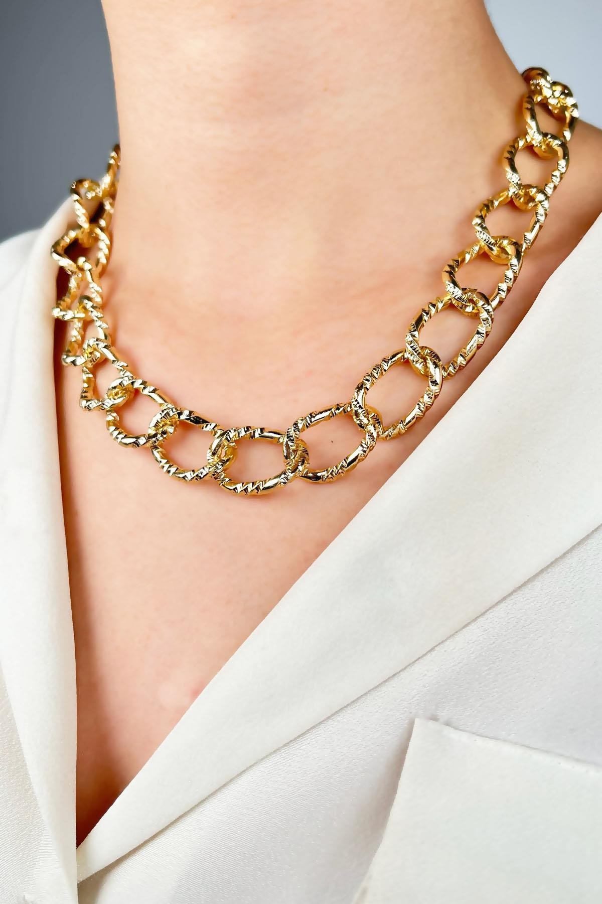 Kesme Model Zincir Uzun Kolye - Gold