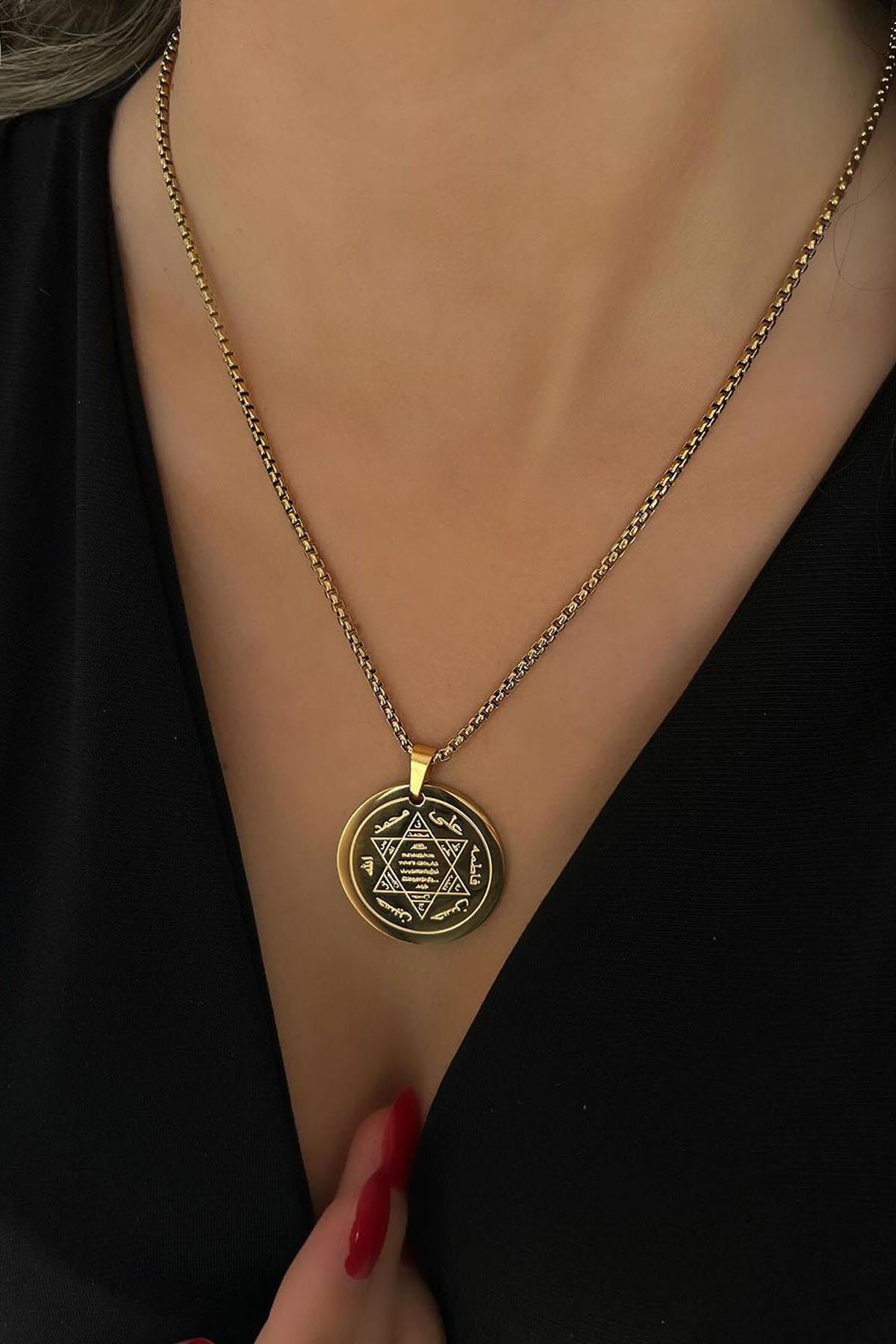 Hz. Süleyman Mührü Çelik Zincir Kolye - Gold Renk