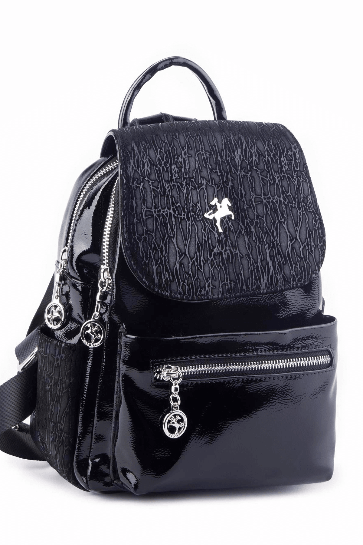 Nas Bag Kadın Sırt Çantası Çift Gözlü Spor Çanta ( 23x26x14 cm ) - Siyah Krsk Rugan