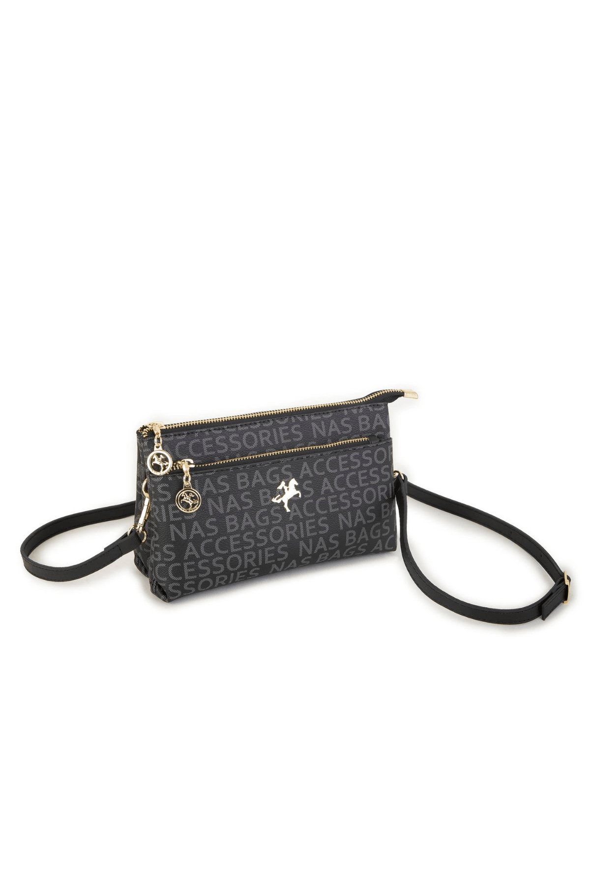 Nas Bag Kadın Çapraz ve Clutch Çanta - Siyah Yazılı