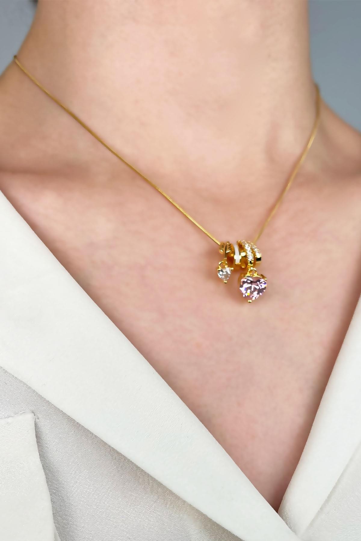 Pembe Kalp Uçlu Charm Çelik Kolye - Gold