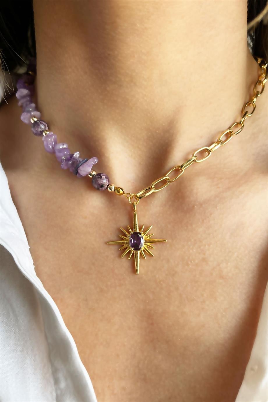 Natural Ceyd Güneş Stone Polar Star Detail Chain Broken Stone Necklace