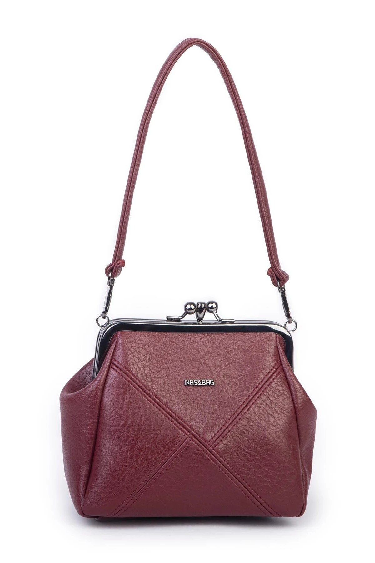 Nas Bag Mini Vintage Burslu Klipsli Kadın Omuz ve Çapraz Çanta Bordo V