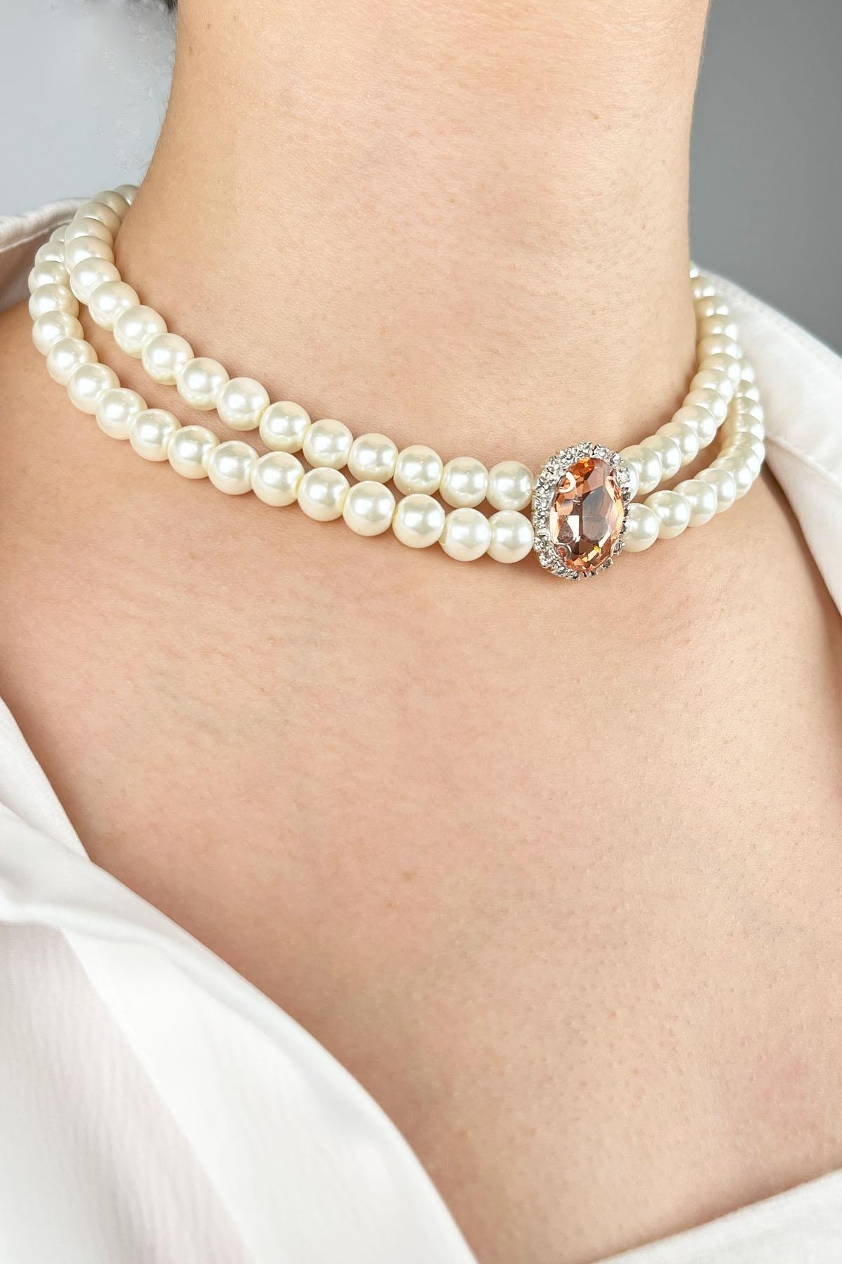 Crystal Winged Pearl Choker Necklace - Orange