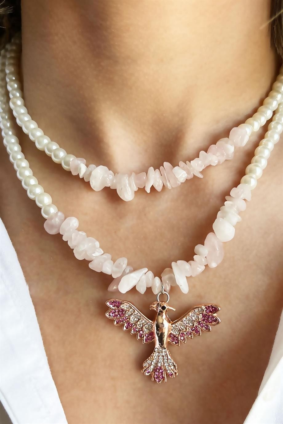 Broken Natural Stone Fuchsia Phoenix Detailed Pearl Necklace