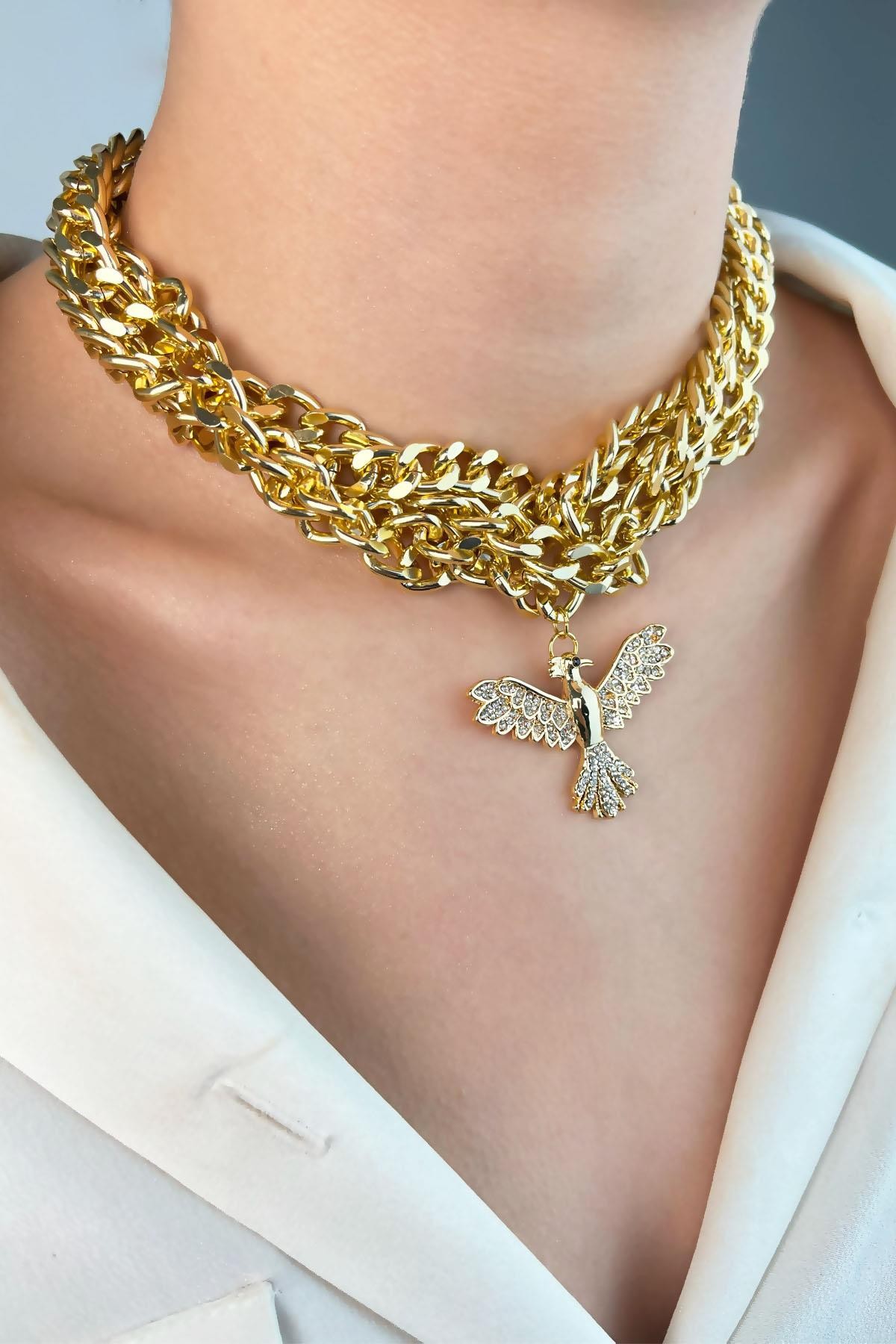 Anka Kuşlu Sarmal Zincir Kolye - Gold