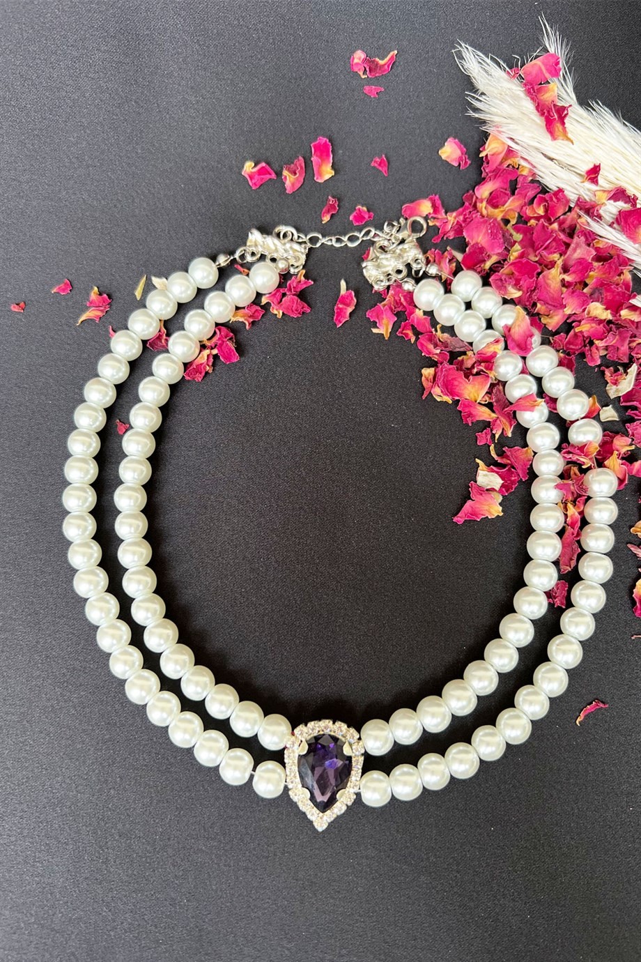 Mor Kristal Uçlu İnci Choker Kolye