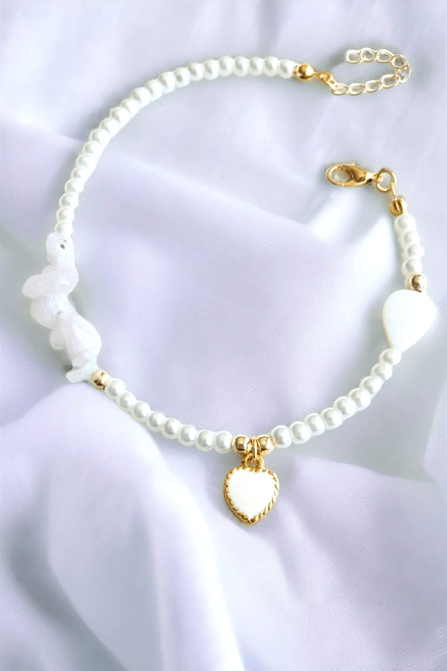 White Heart Detail Broken Natural Stone Anklet