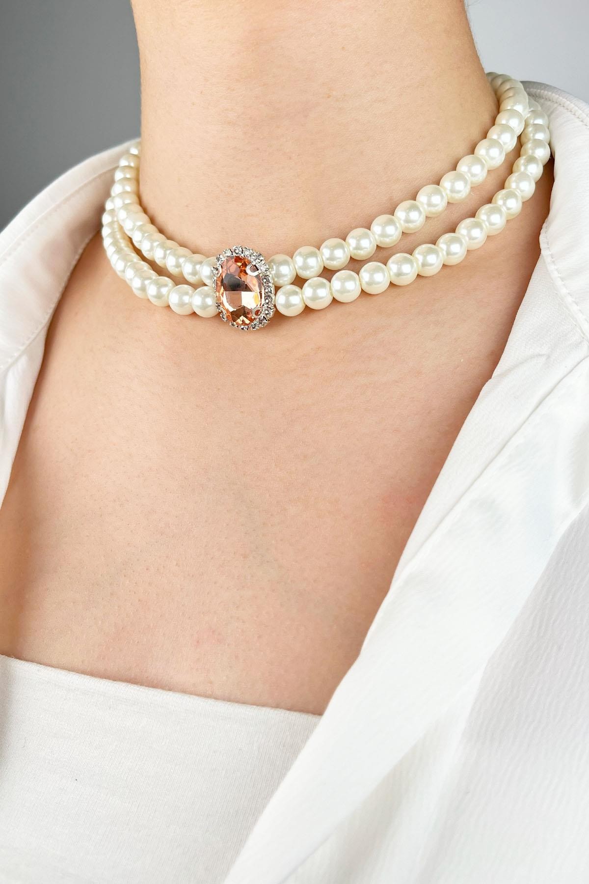Crystal Winged Pearl Choker Necklace - Orange