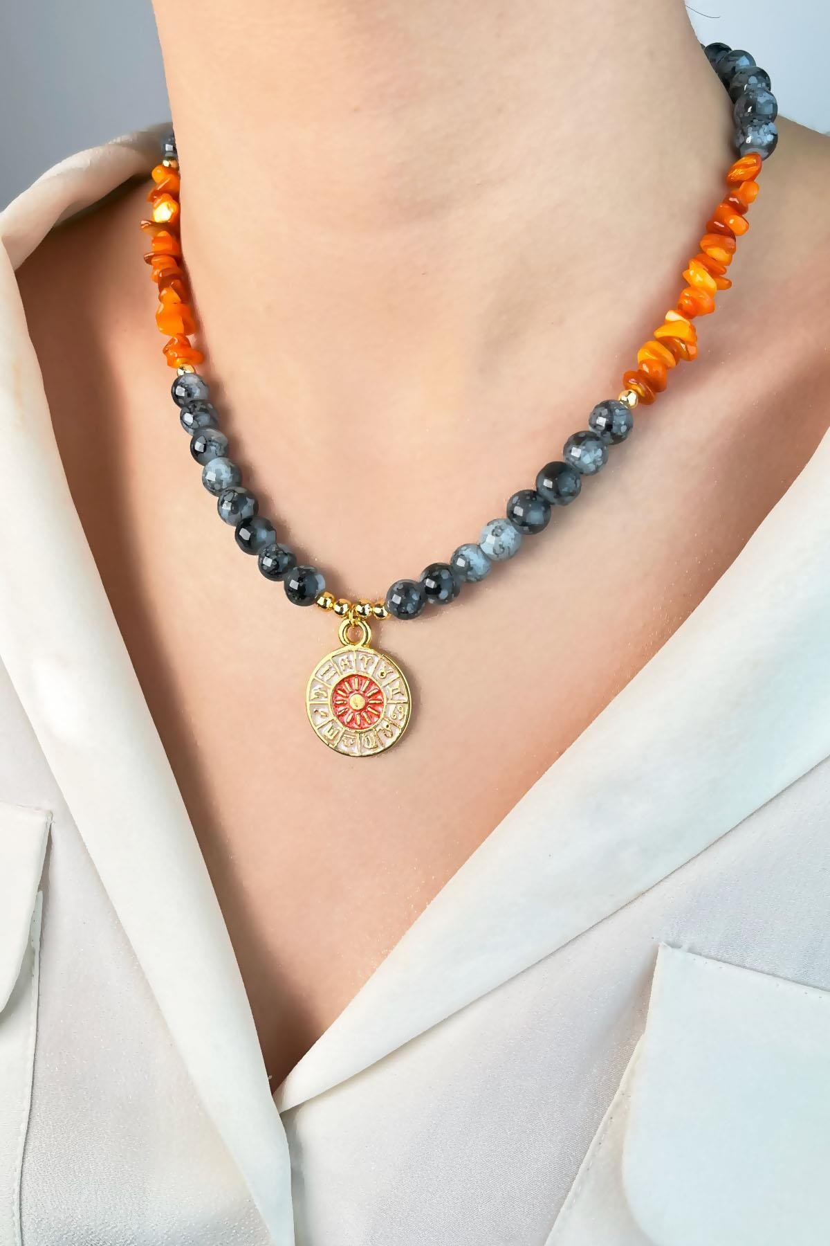 Zodiac Medal Ended Broken Natural Stone Bead Necklace - Orange