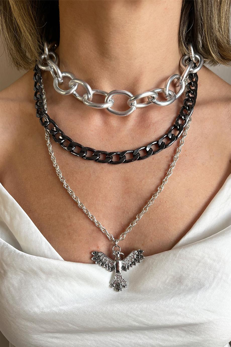 Gri Anka Detaylı Çoklu Zincir Kolye