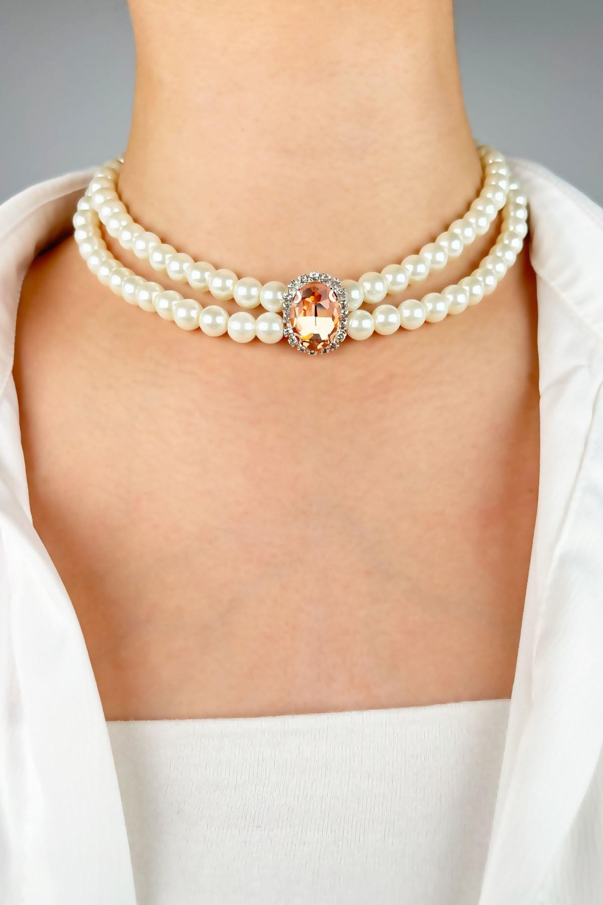 Crystal Winged Pearl Choker Necklace - Orange