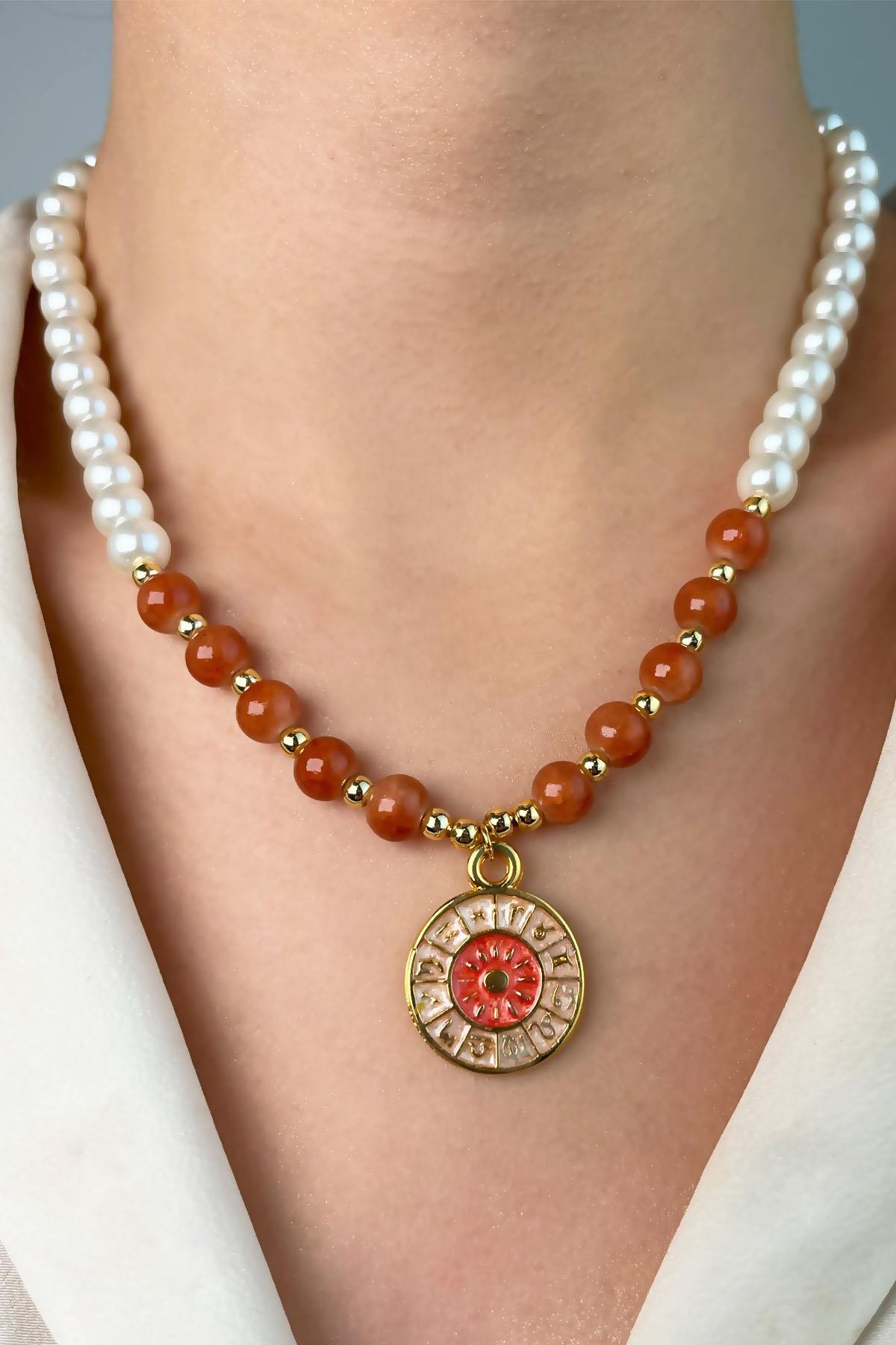 Zodiac Medal Ended Pearl and Bead Necklace - Orange