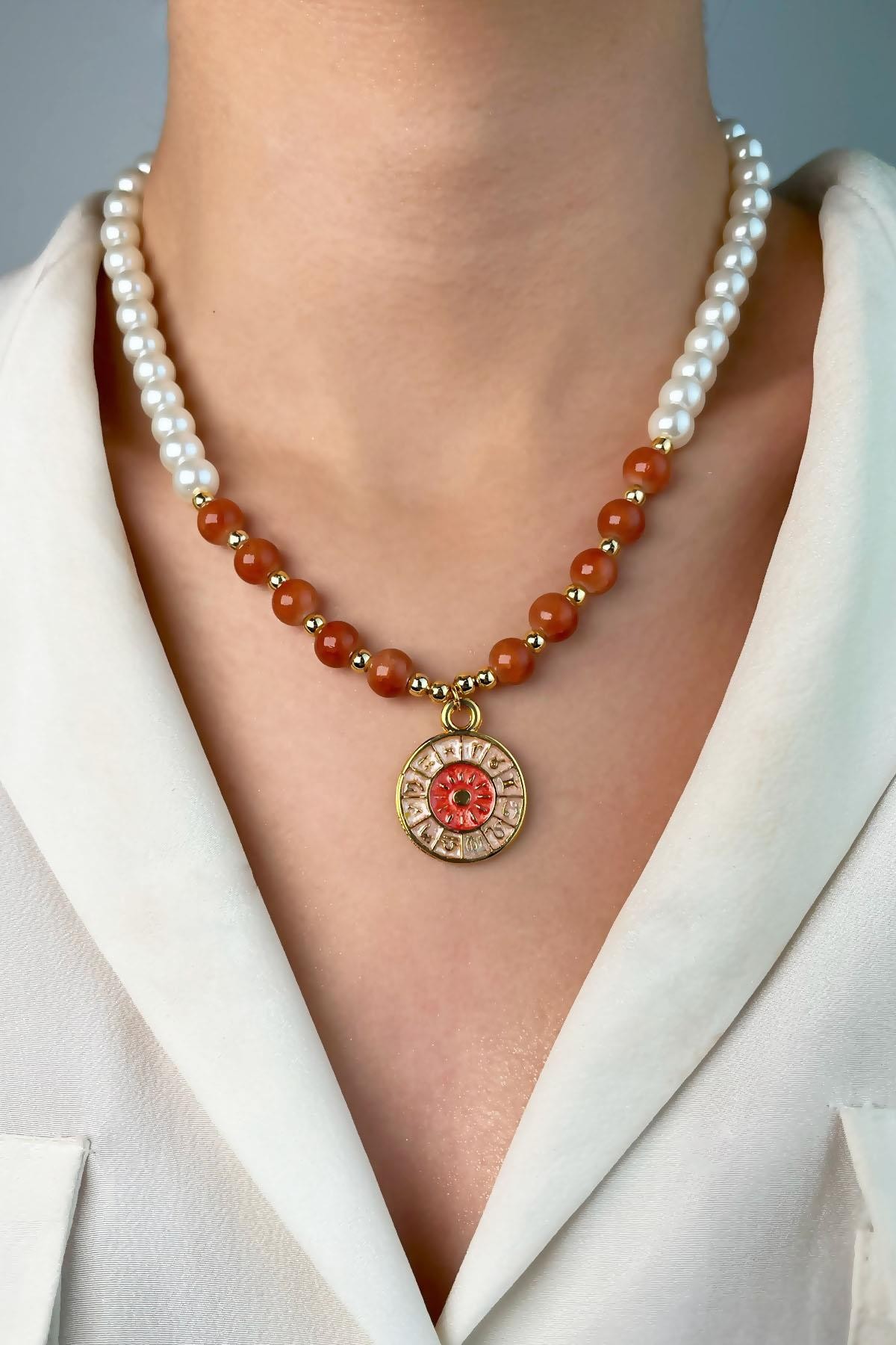 Zodiac Medal Ended Pearl and Bead Necklace - Orange