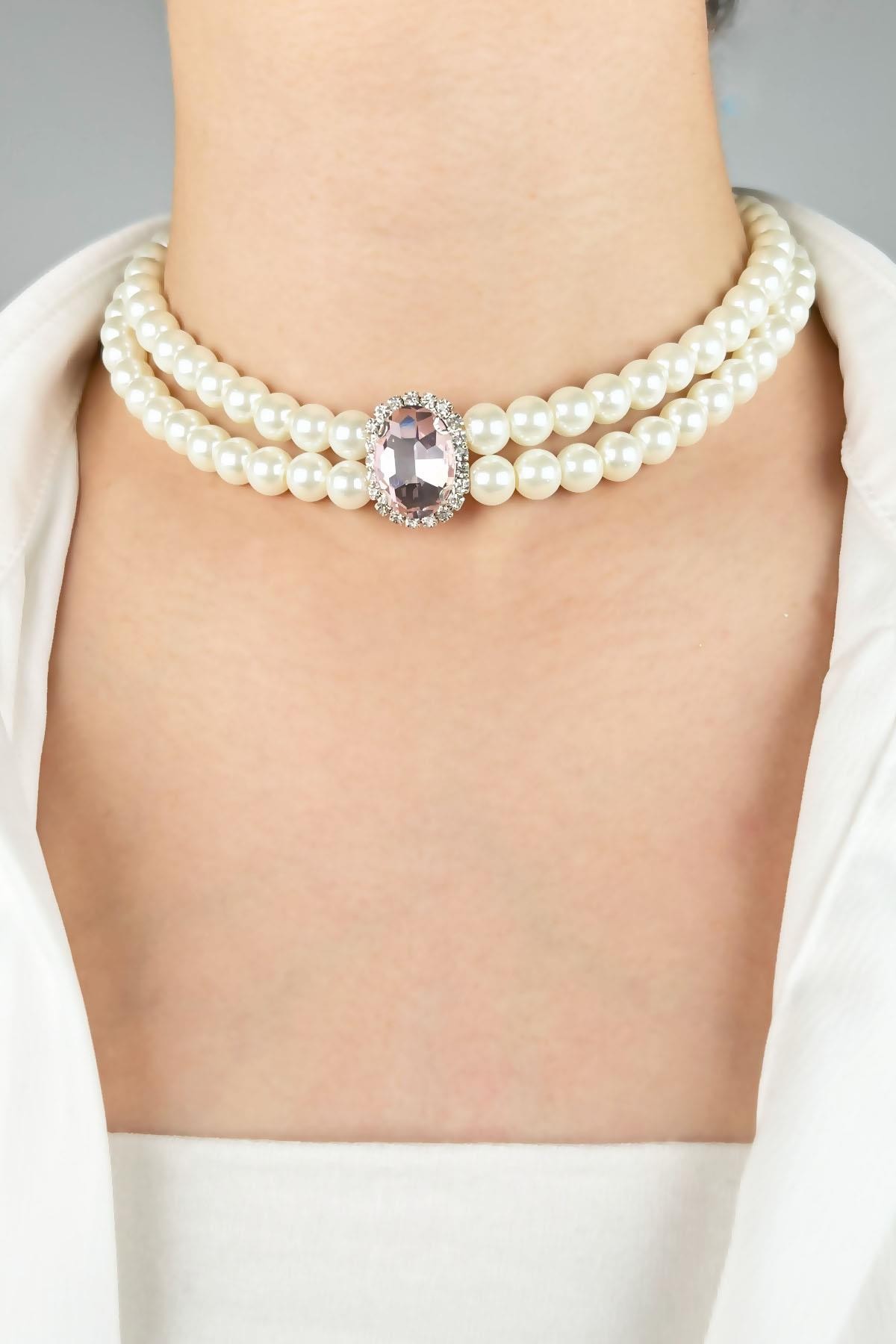 Kristal Uçlu İnci Choker Kolye  - Pembe