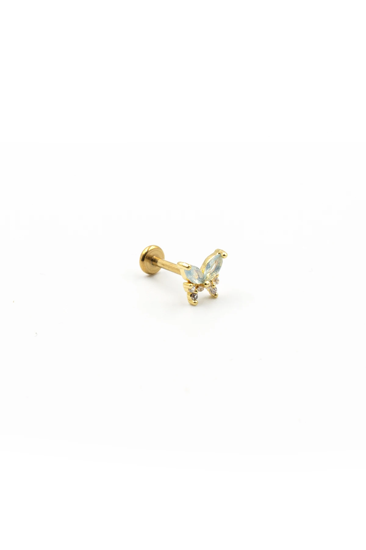 Mavi Kanatlı Kelebek Tragus Piercing – Zirkon Taşlı, Gold, Anti Alerjik