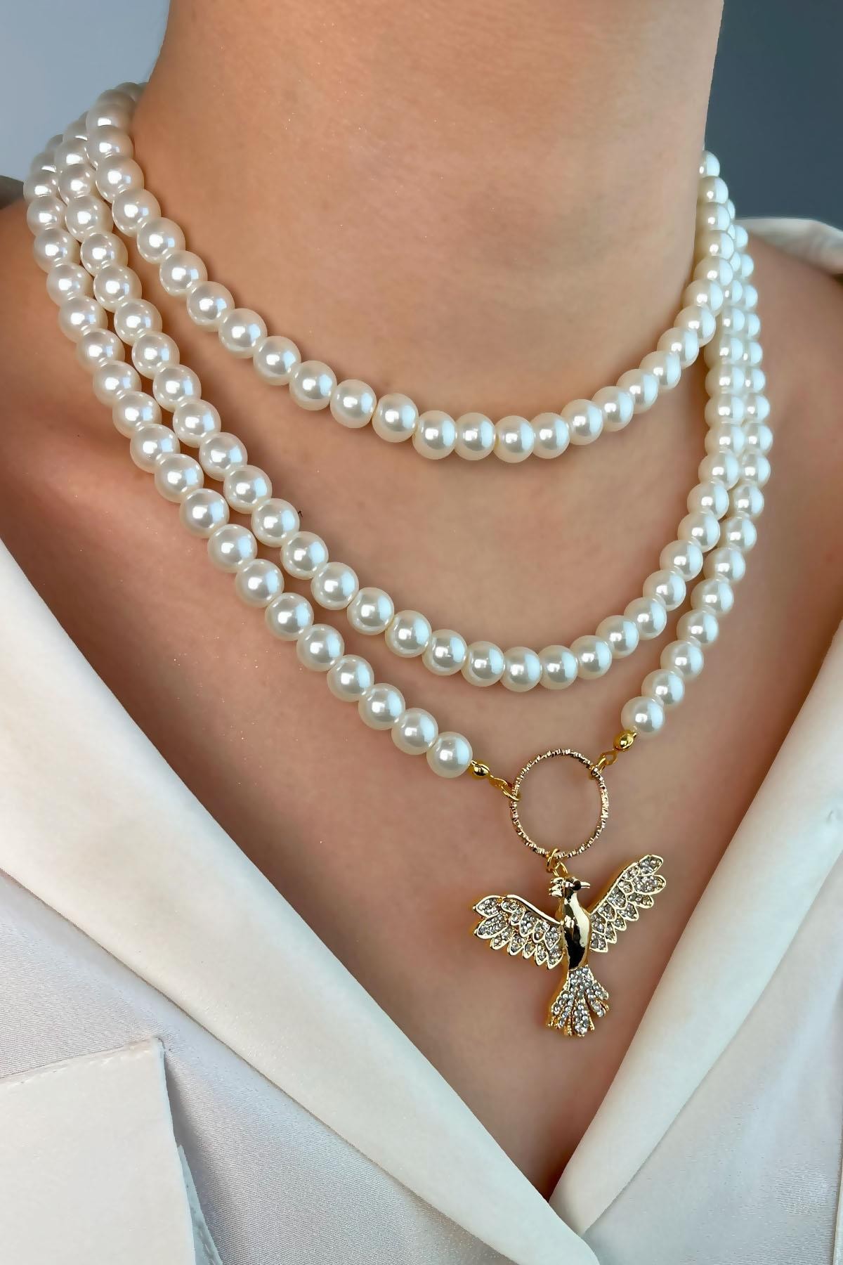 Gold Anka Kuşu Üçlü İnci Kolye - Beyaz