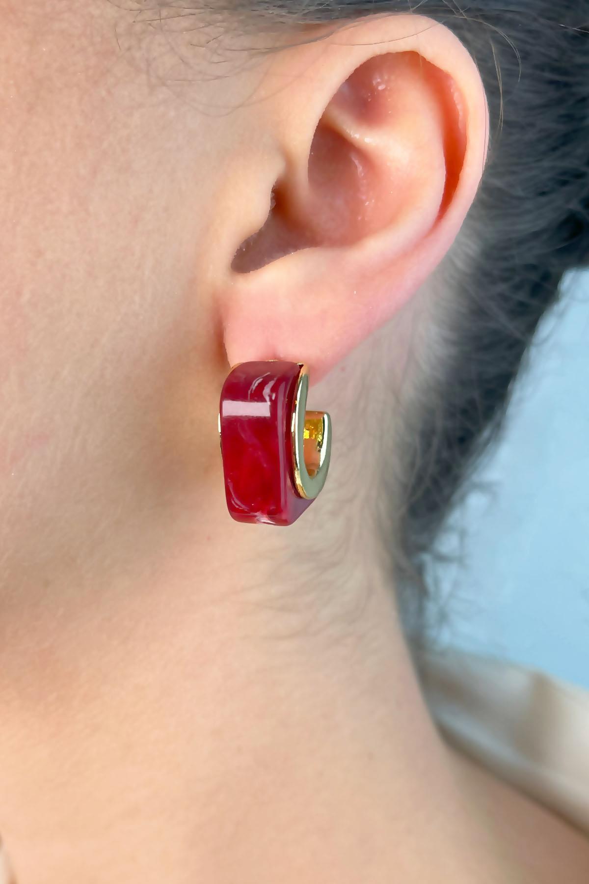 Mine Detaylı Kare Küpe - Bordo