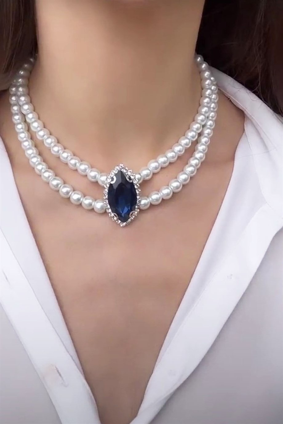 Navy Crystal Tip Pearl Choker Necklace