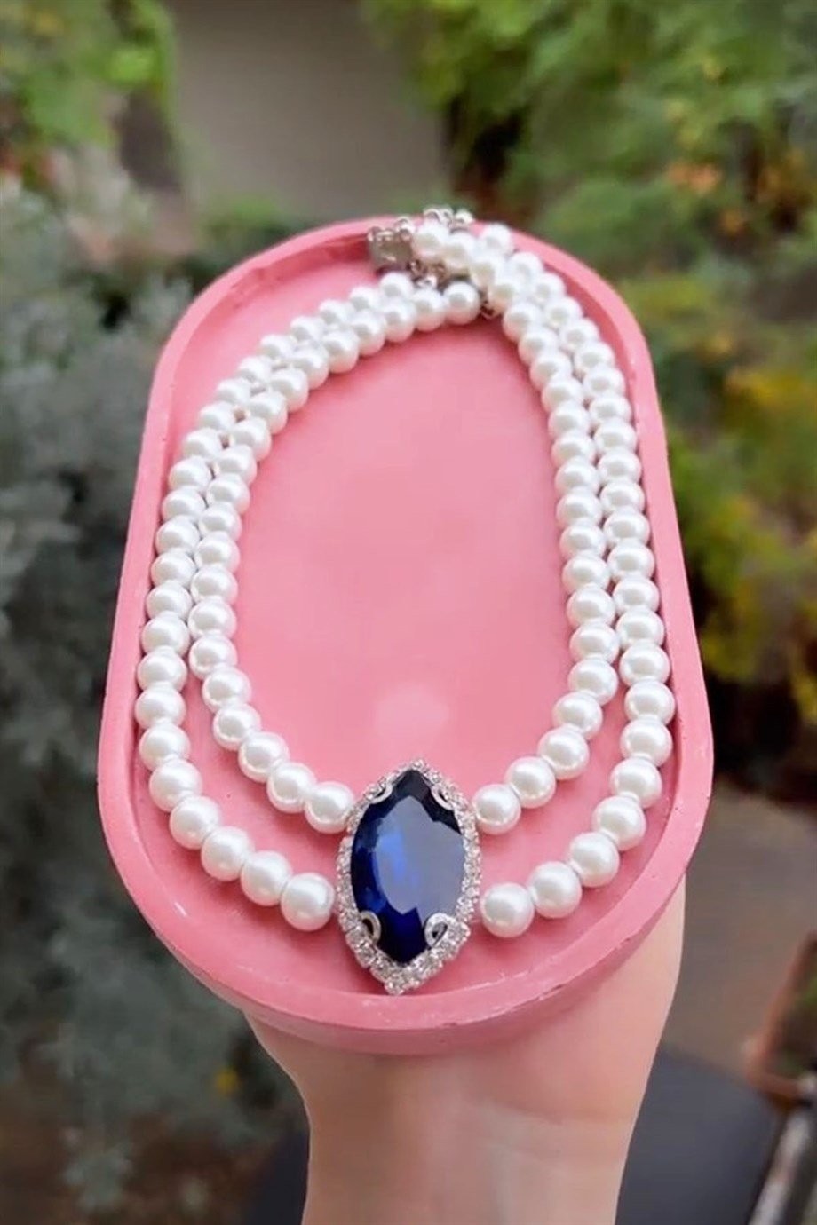 Navy Crystal Tip Pearl Choker Necklace