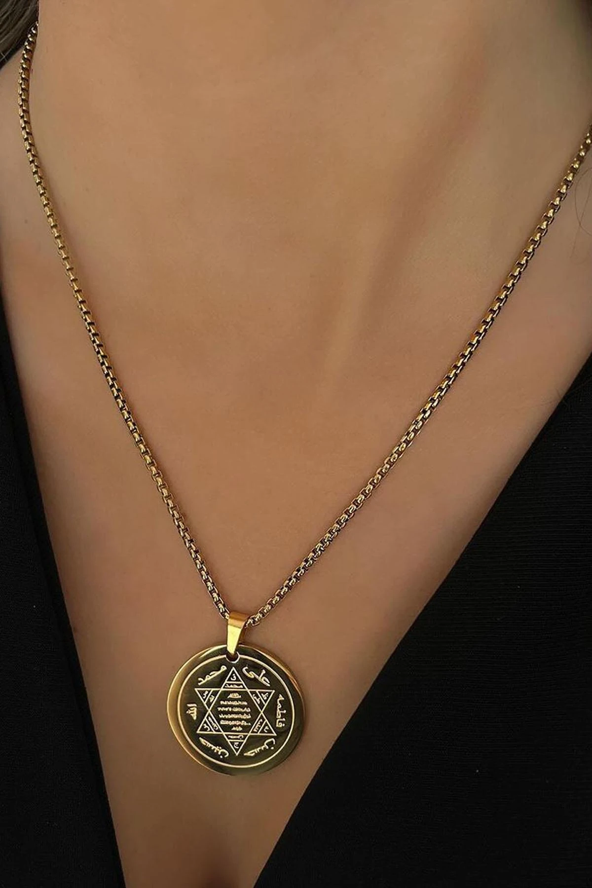 Hz. Süleyman Mührü Çelik Zincir Kolye - Gold Renk