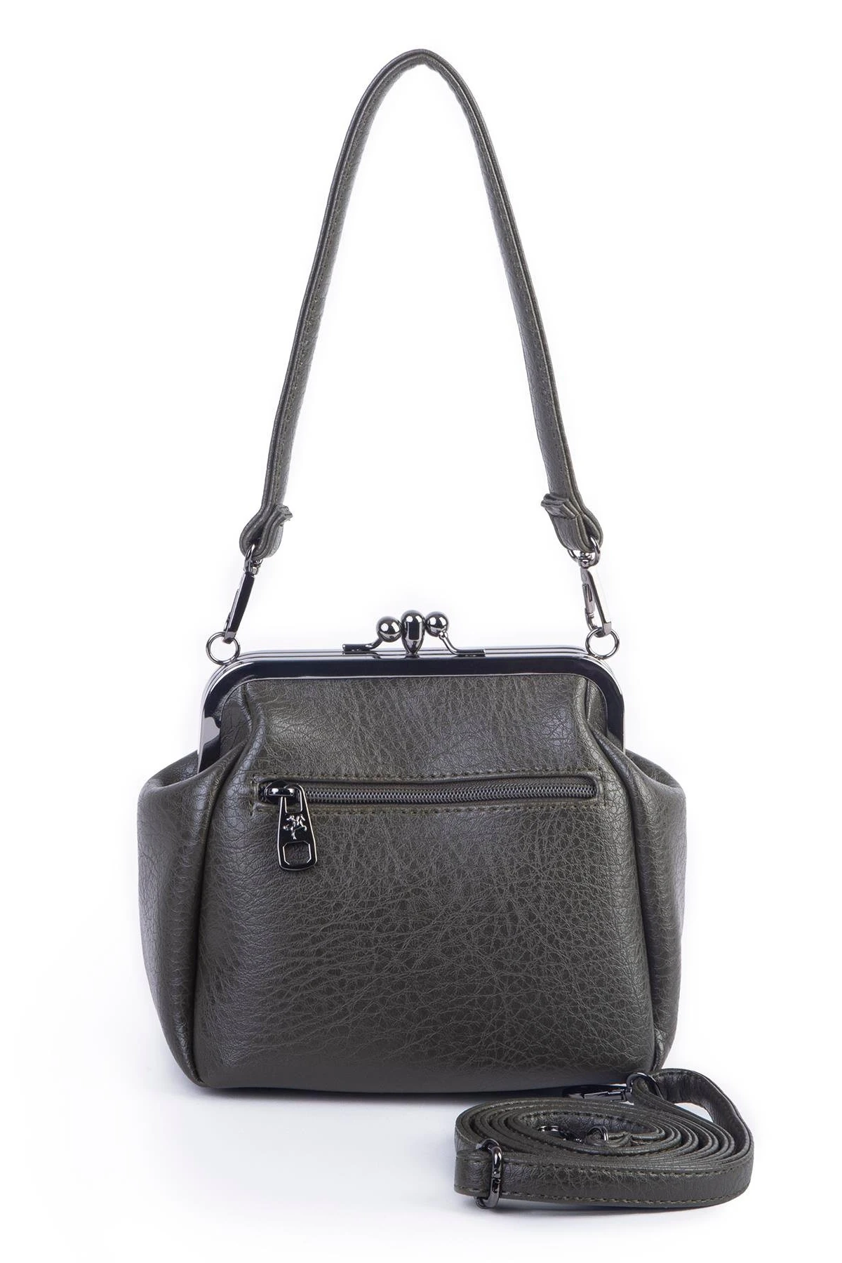 ニュー・スタイル・パック　 PinHEAD Nas Bag Mini Vintage Burslu Klipsli Kadın Omuz ve Çapraz Çanta Haki Vi