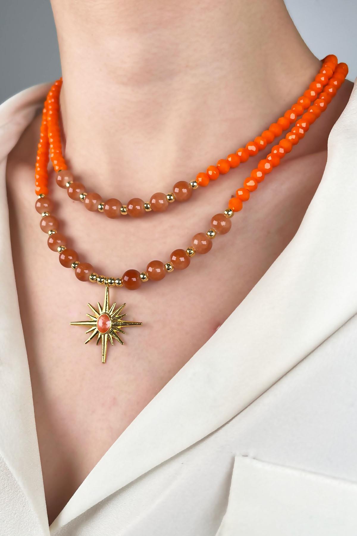 Kuzey Yıldızı Uçlu İki Sıra Dorikalı İnci Kolye - Turuncu