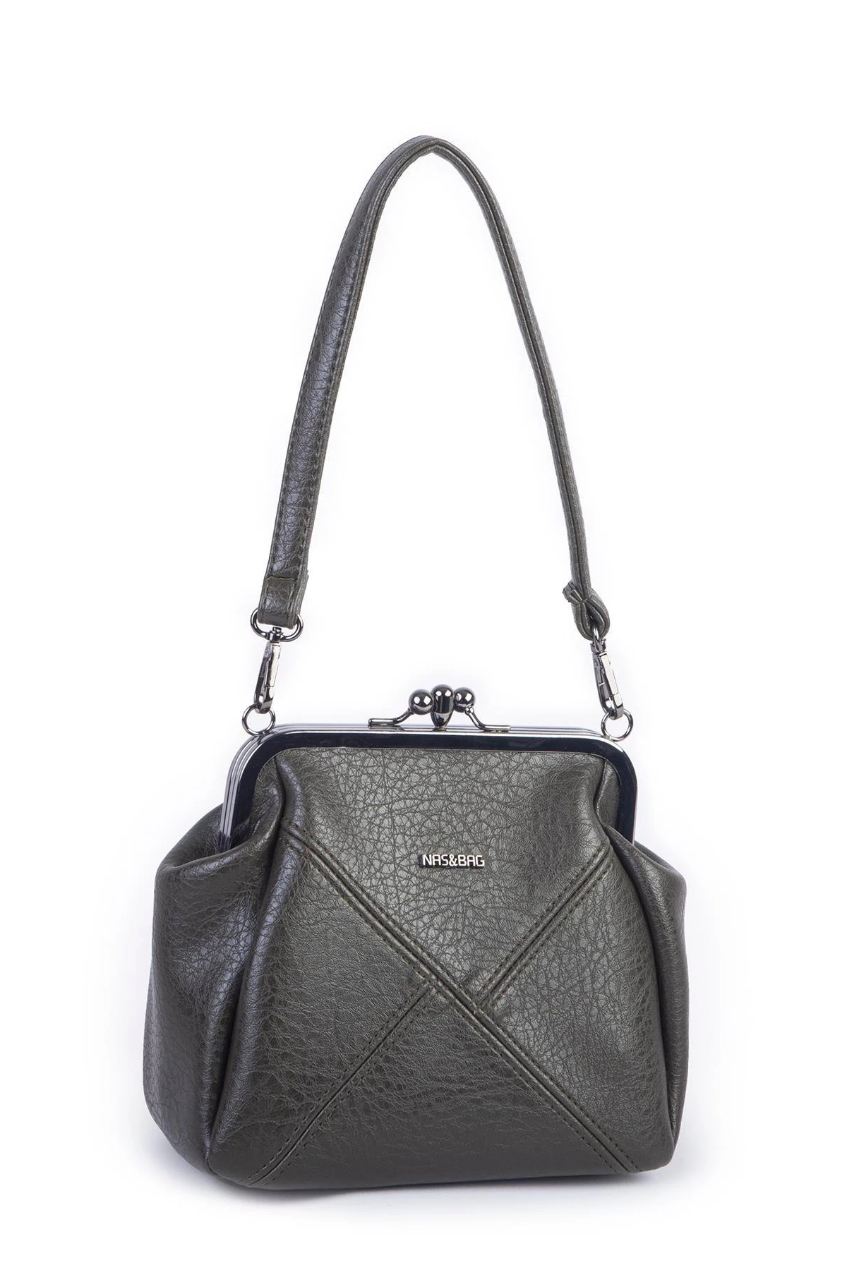 Nas Bag Mini Vintage Burslu Klipsli Kadın Omuz ve Çapraz Çanta Haki Vi