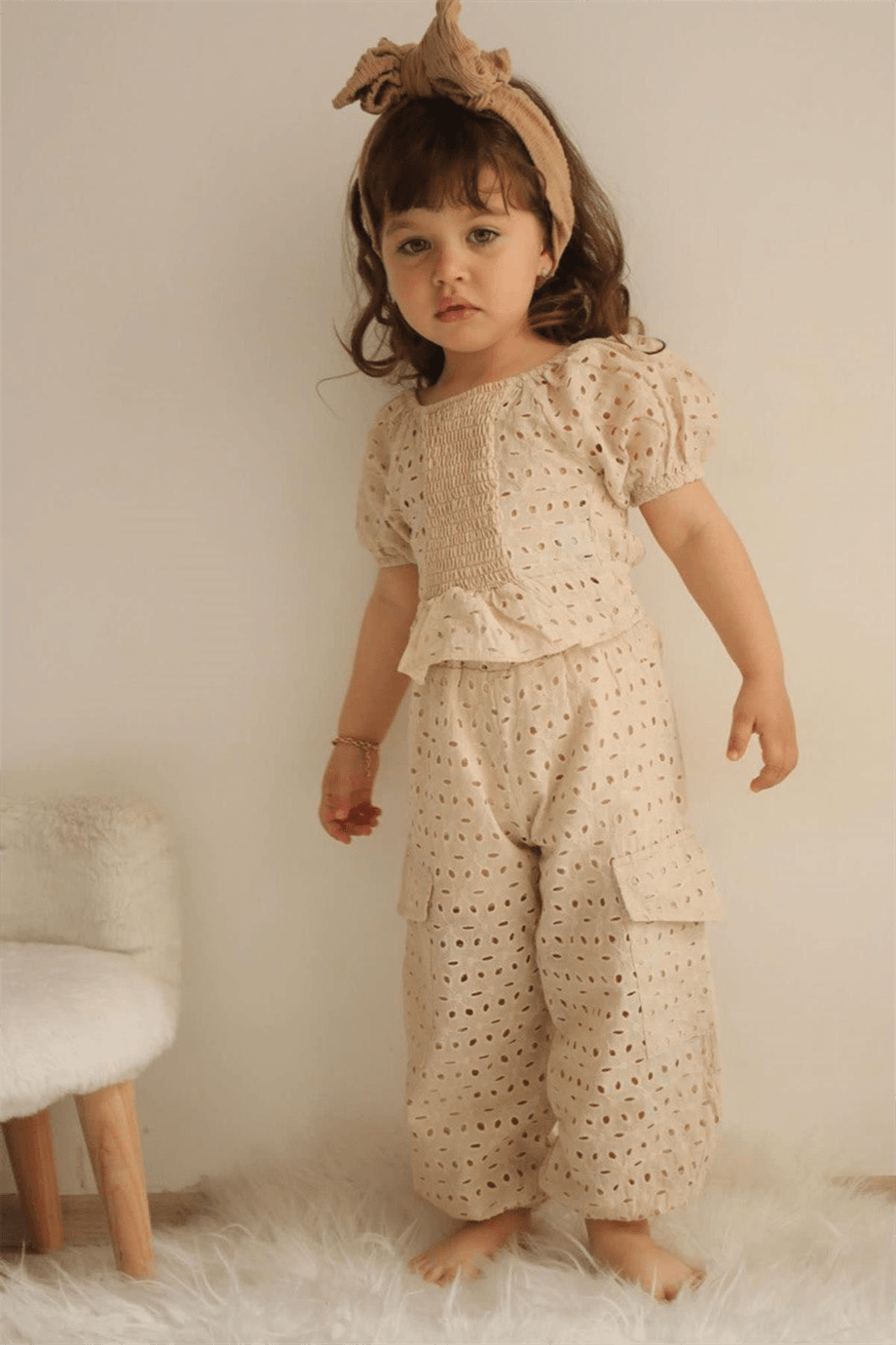 Kız Çocuk Nakış İşlemeli Pantolon Crop Takım - Camel