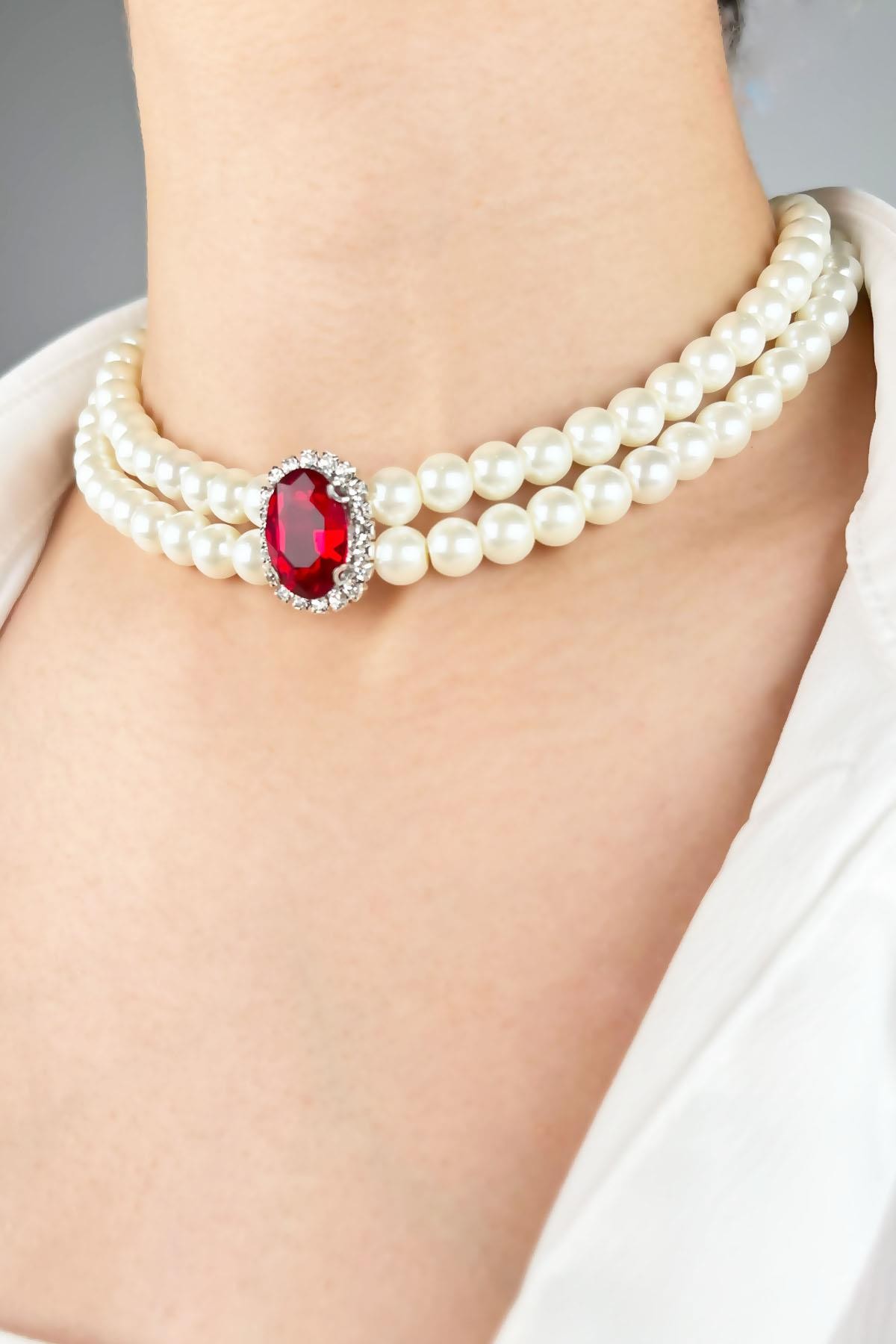 Kristal Uçlu İnci Choker Kolye  - Kırmızı