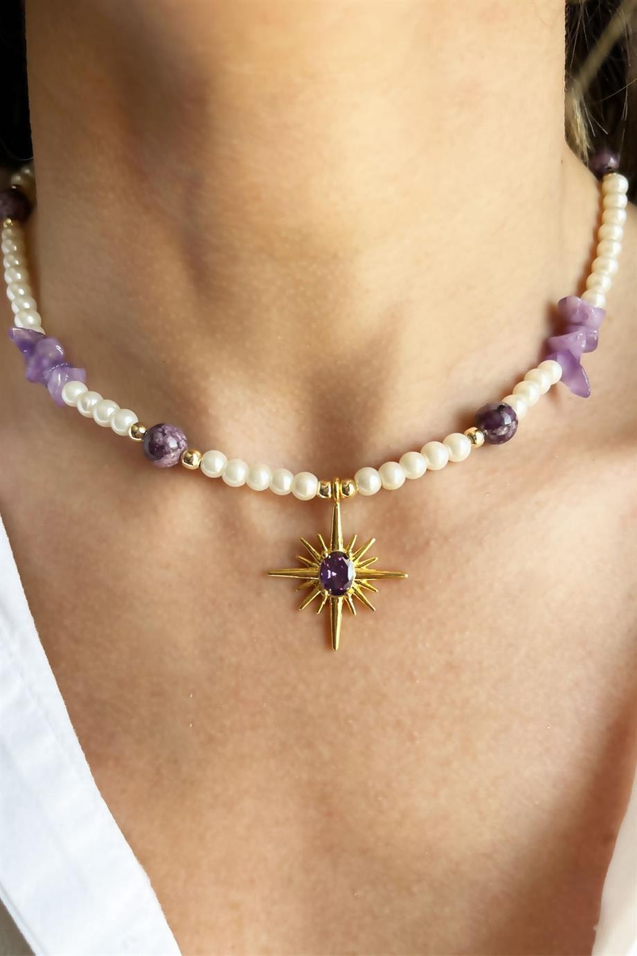 Natural Agate and Broken Stone Polar Star Detail Pearl Necklace