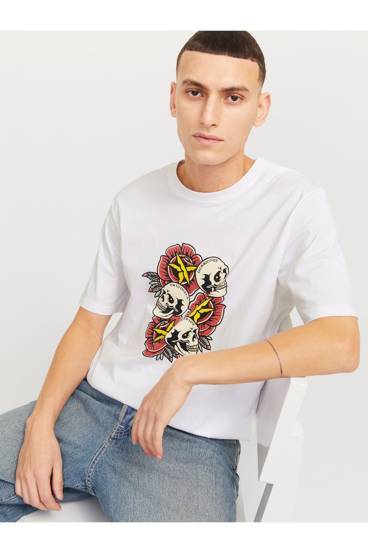 Jack & Jones Joranatomy Skull Tee Ss Crew Neck Ln Erkek Beyaz T-shirt 12272966
