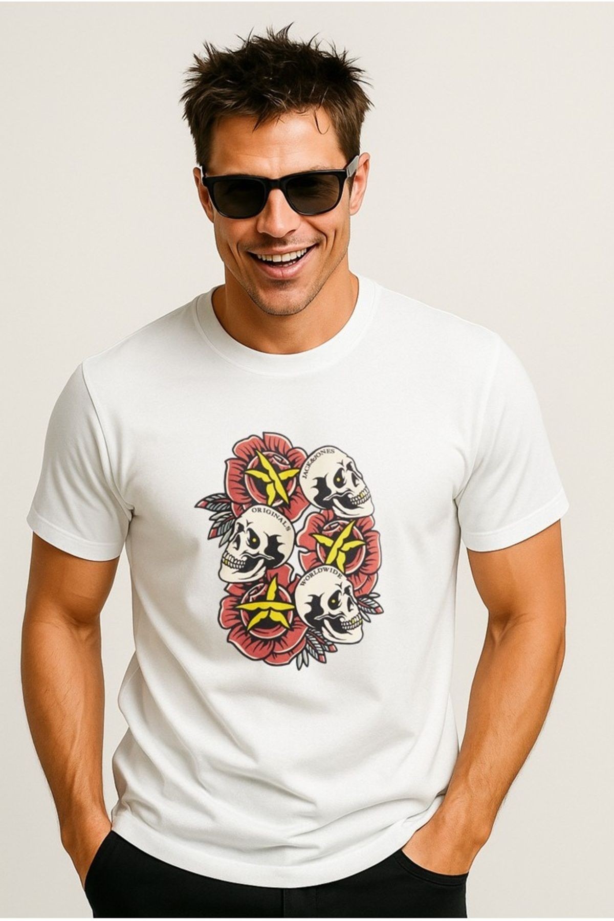 Jack & Jones Joranatomy Skull Tee Ss Crew Neck Ln Erkek Beyaz T-shirt 12272966