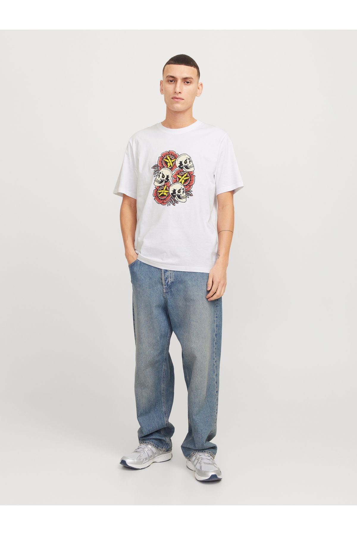 Jack & Jones Joranatomy Skull Tee Ss Crew Neck Ln Erkek Beyaz T-shirt 12272966
