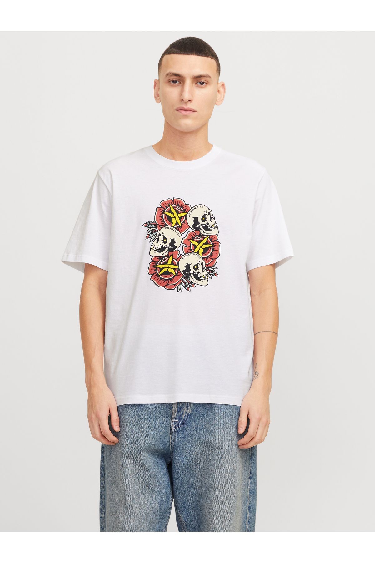 Jack & Jones Joranatomy Skull Tee Ss Crew Neck Ln Erkek Beyaz T-shirt 12272966