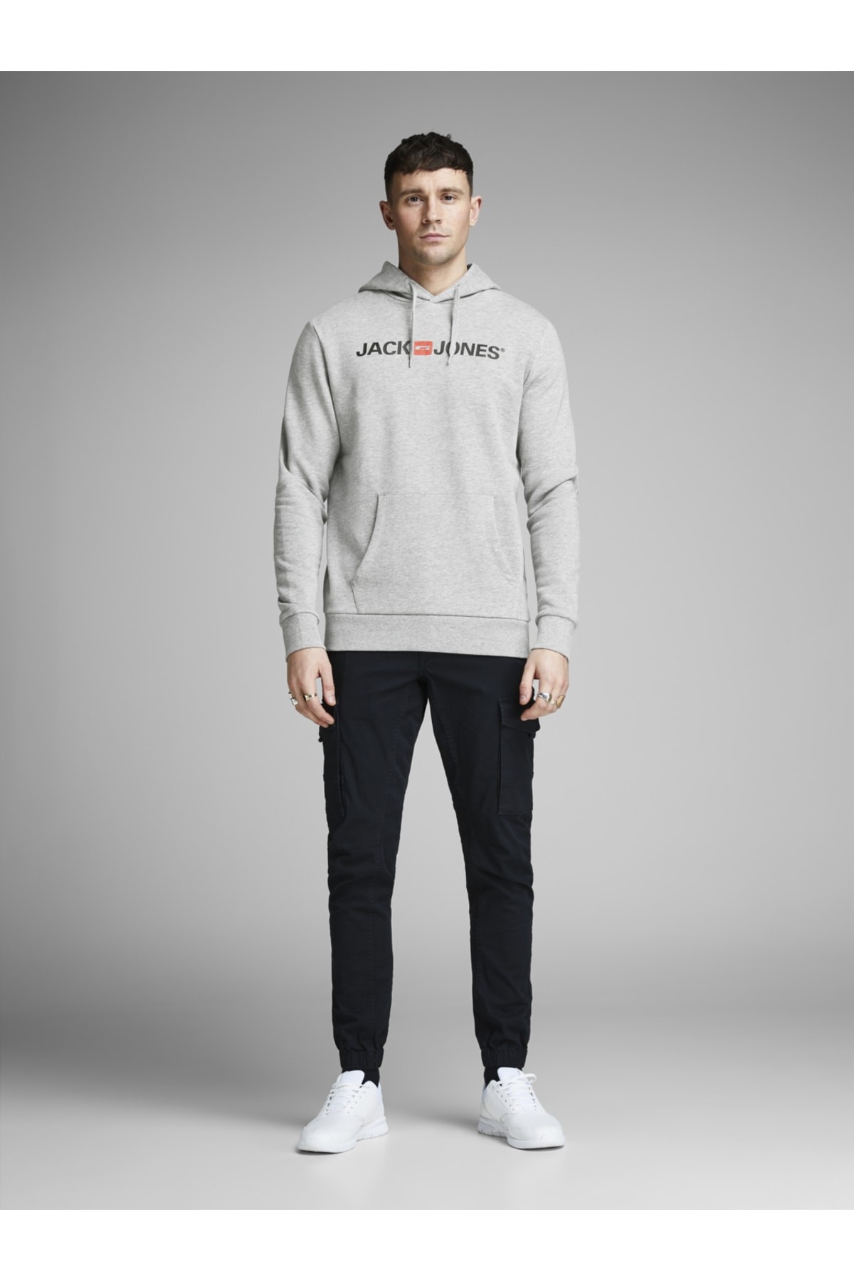 Jack & Jones JJECORP OLD LOGO SWEAT HOOD Erkek Sweatshirt 12137054 - Light Grey Melange