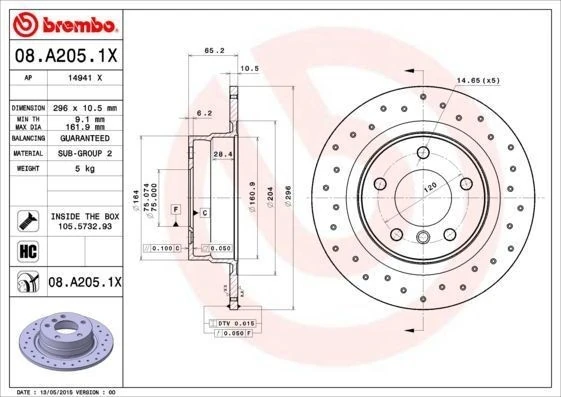 BREMBO 08.A205.1X | Fren Diski Arka Delikli BMW E87-E90-E91 / 1.18-3.16-3.20 | 2 Adet