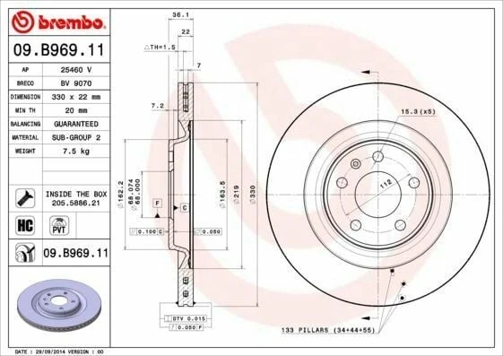 BREMBO 09.B969.11 | Fren Diski VW A6-A8-A4 2010- Quatro Arka 330X22 | 2 Adet